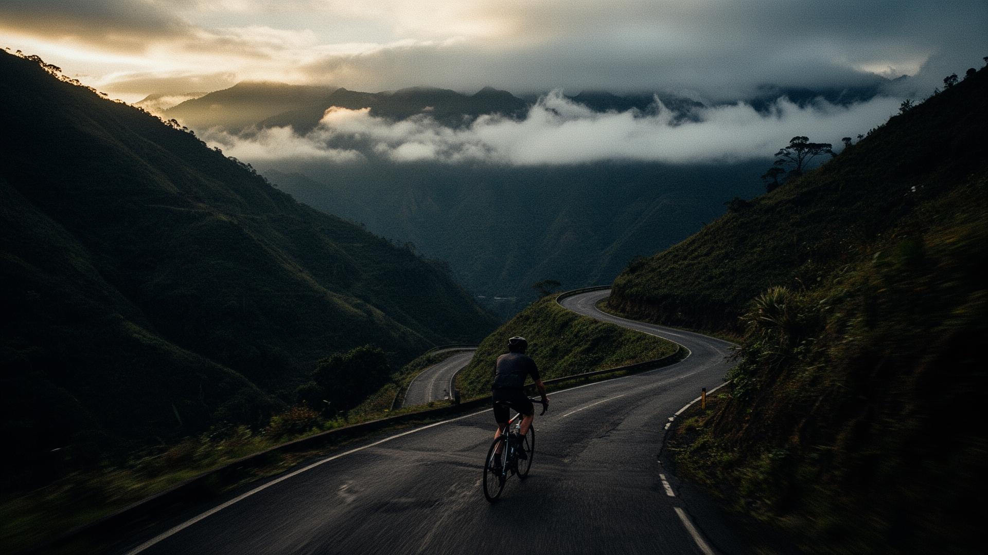Cyclist climbing a misty Andes road at dawn